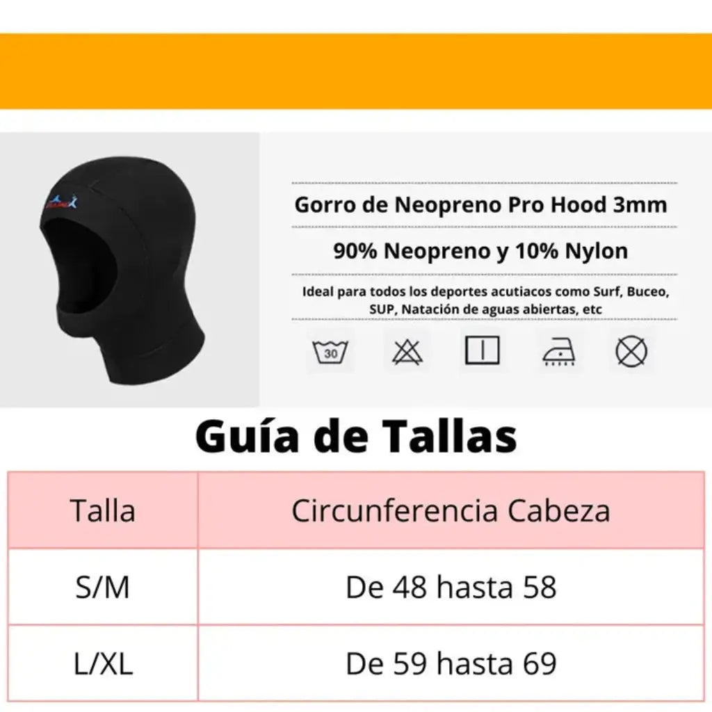 Cuadro de tallas para capuchas de neopreno marca Sharka