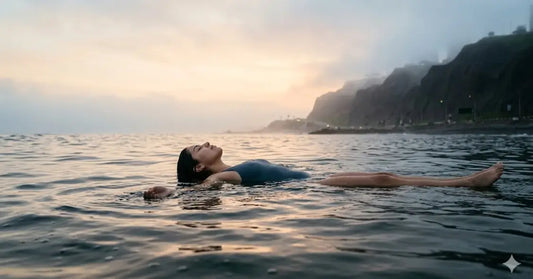 Una persona flotando de espaldas pacíficamente en el mar de Lima durante el amanecer, reflejando tranquilidad y conexión con la naturaleza.