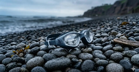 Lentes de natación profesionales con gotas de agua sobre una playa de piedras en la Costa Verde de Lima, listos para un entrenamiento en el mar.