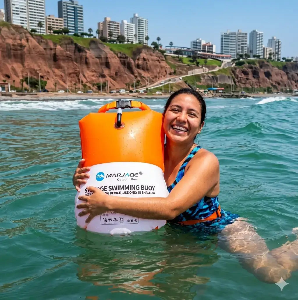 Boya inflable de seguridad Sharka 25L color naranja brillante flotando en aguas abiertas con un nadador en wetsuit en el fondo