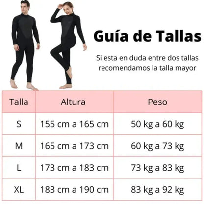Tabla de medidas y guía de tallas S, M, L y XL para trajes de neopreno según altura y peso