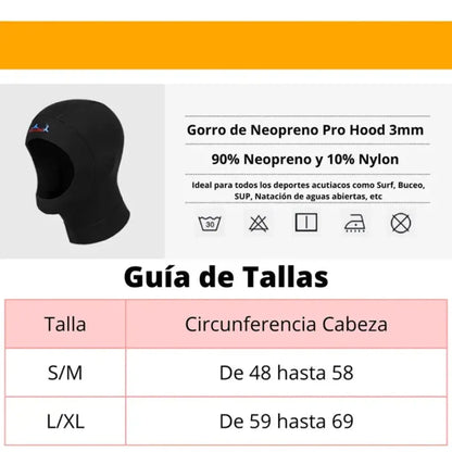 Cuadro de tallas para capuchas de neopreno marca Sharka